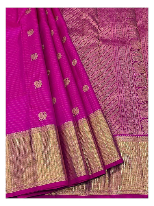 Bright Pink Fuchsia Handwoven Kanchipuram Silk Saree with Gold Peacock Butta Motifs and Broad Zari Border front view