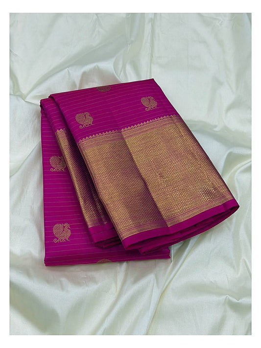 Bright Pink Fuchsia Handwoven Kanchipuram Silk Saree with Gold Peacock Butta Motifs and Broad Zari Border