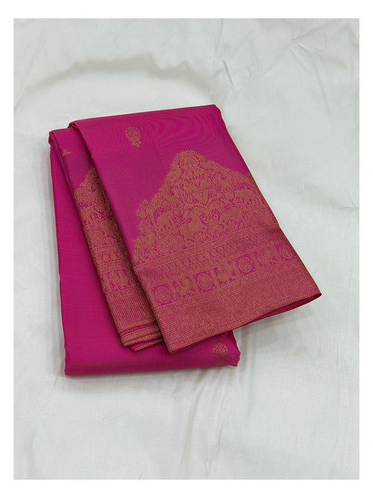 Bright Pink Handwoven Kanchipuram Silk Saree with Gold Buttas and Figurative Woven Pallu front view