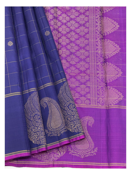 Deep Cobalt Blue Handwoven Kanchipuram Silk Saree with Gold Butta Checks and Violet Pink Contrast Pallu front view