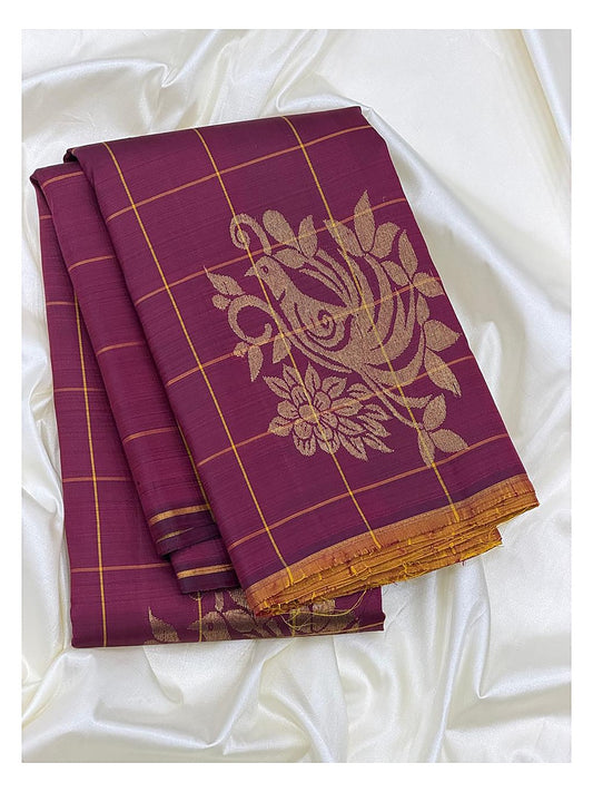 Deep Magenta Handwoven Kanchipuram Silk Saree with Gold Check Weave and Bird Motifs