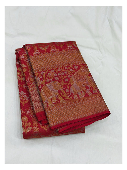 Deep Red Handwoven Kanchipuram Silk Saree with Floral Buttas, Elephant Border and Lotus Zari Pallu front view