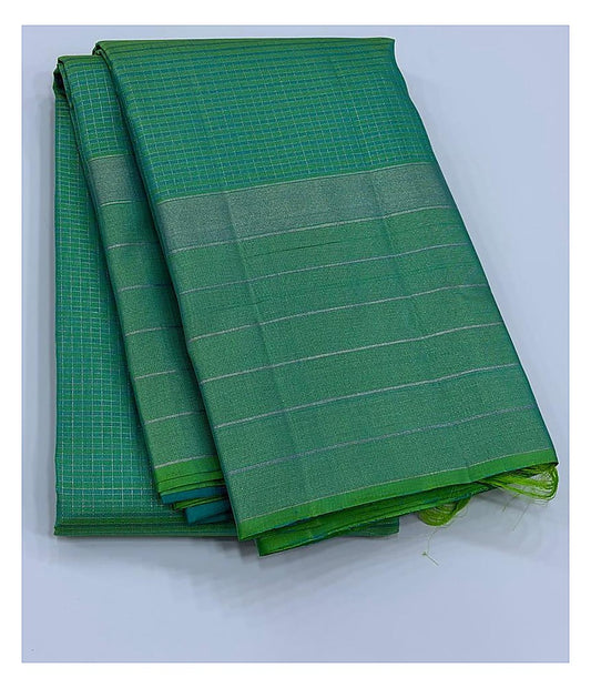 Green Handwoven Kanchipuram Silk Saree with Silver Zari Border front view