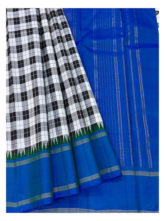 Handwoven Kanchipuram Silk Saree - Black & White Checks with Royal Blue Border