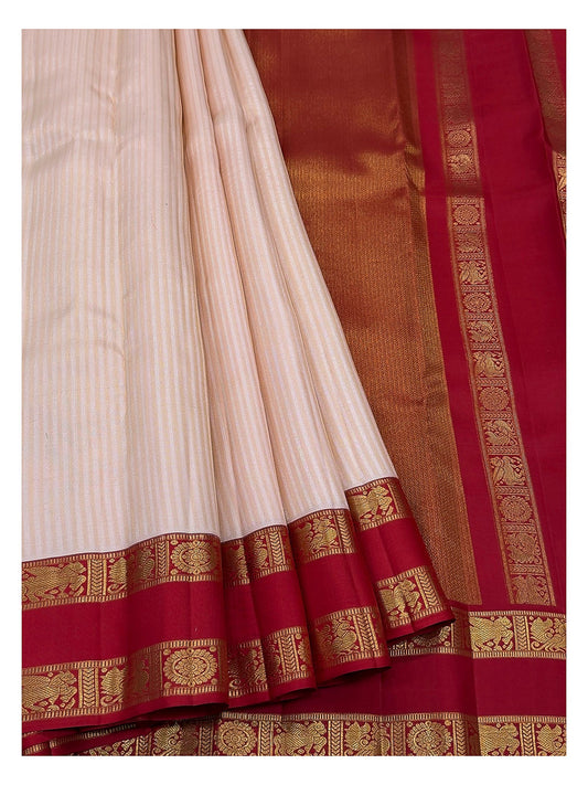 Handwoven Kanchipuram Silk Saree - Blush Pink with Red Peacock Border and Gold-Toned Pallu