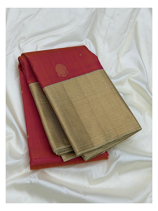 Handwoven Kanchipuram Silk Saree - Coral Pink with Champagne Gold Zari Border front view