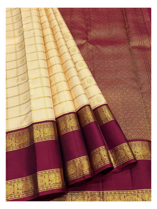 Handwoven Kanchipuram Silk Saree - Cream with Wine Border