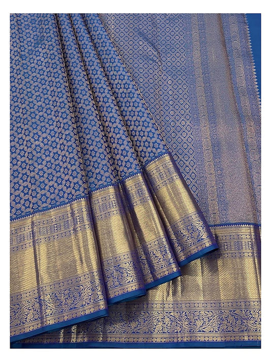 Handwoven Kanchipuram Silk Saree - Deep Blue with Gold-Toned Border front view