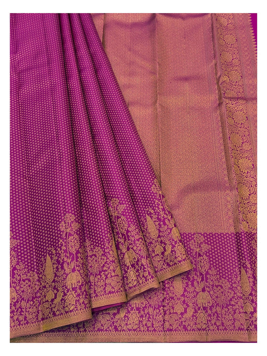 Handwoven Kanchipuram Silk Saree - Deep Pink with Elephant Border front view