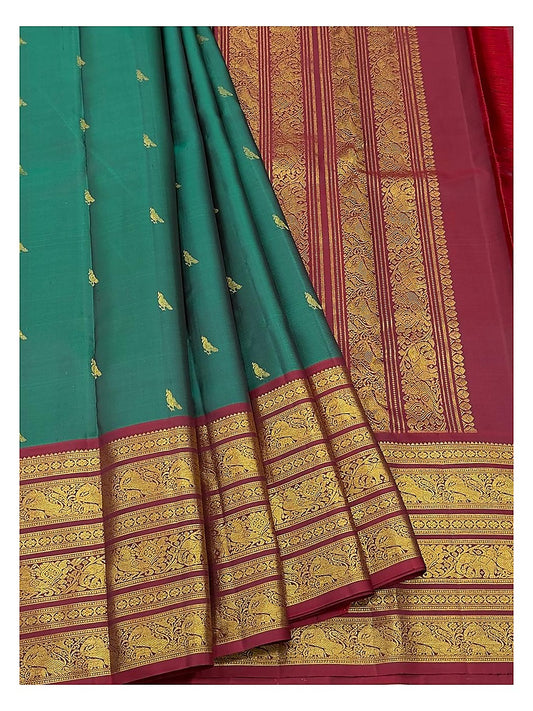 Handwoven Kanchipuram Silk Saree - Emerald Green with Magenta Elephant Zari Border