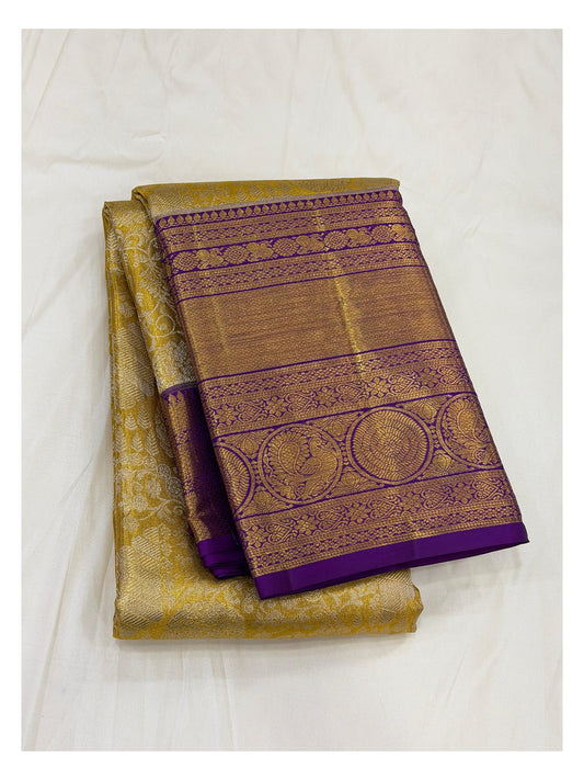 Handwoven Kanchipuram Silk Saree - Gold Tone with Purple Border front view