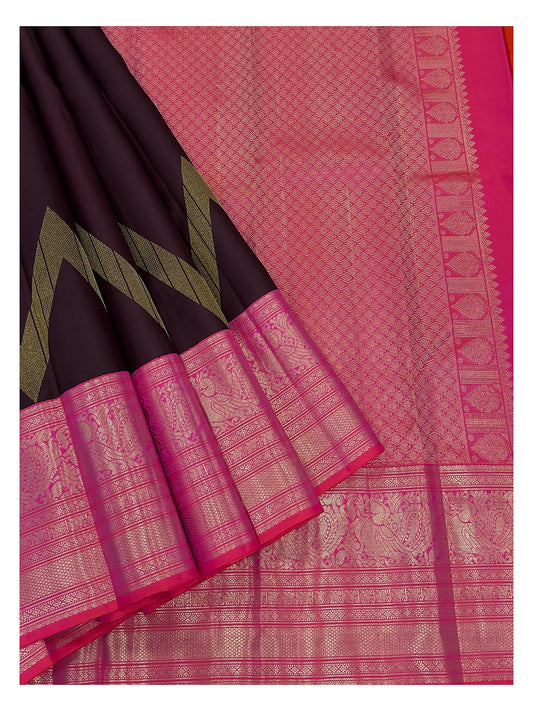 Handwoven Kanchipuram Silk Saree in Deep Plum with Magenta Zari Peacock Border