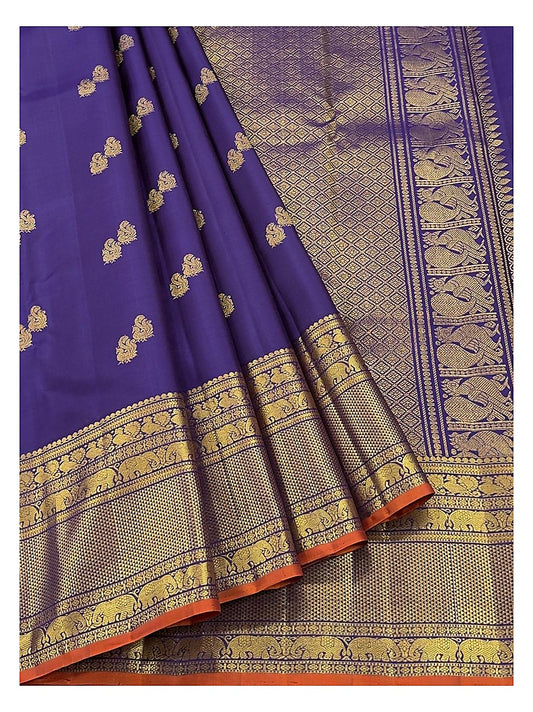 Handwoven Kanchipuram Silk Saree in Deep Purple with Elephant Border front view