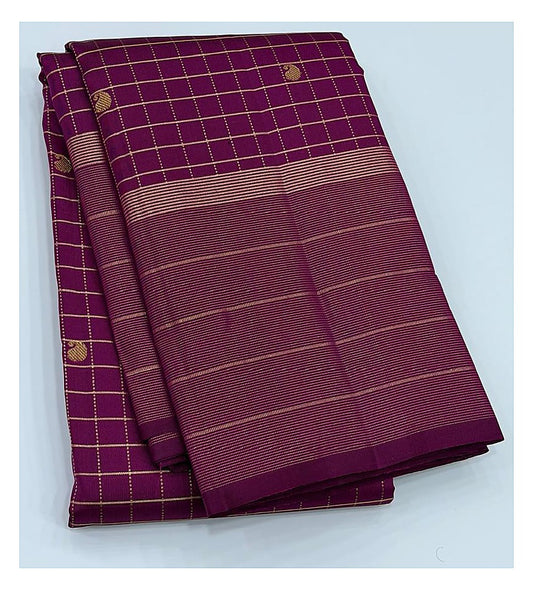Handwoven Kanchipuram Silk Saree in Magenta with Gold Checks front view