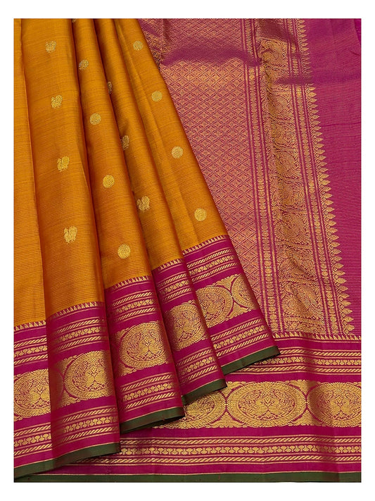 Handwoven Kanchipuram Silk Saree in Mustard with Magenta Figurative Border and Rich Pallu