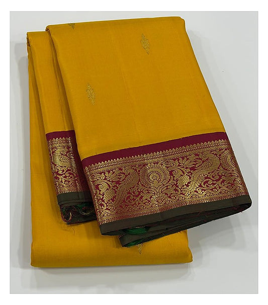 Handwoven Kanchipuram Silk Saree in Mustard with Magenta Zari Border front view