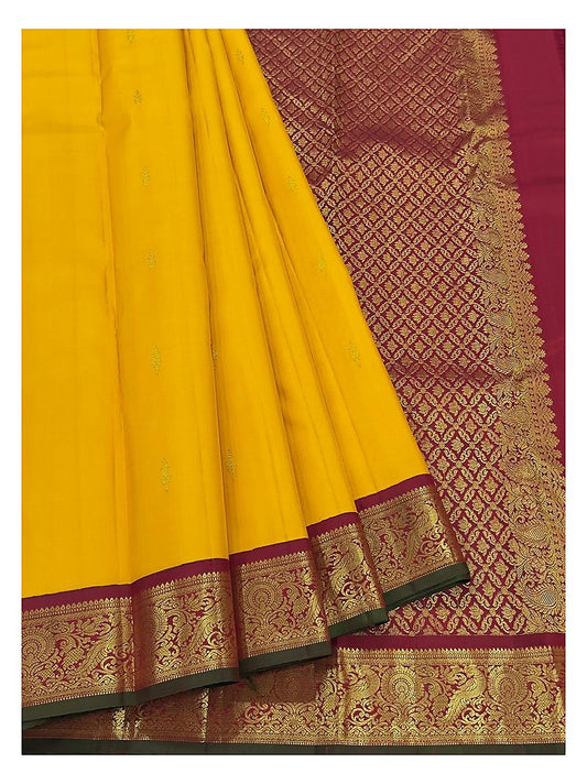 Handwoven Kanchipuram Silk Saree in Mustard with Magenta Zari Border