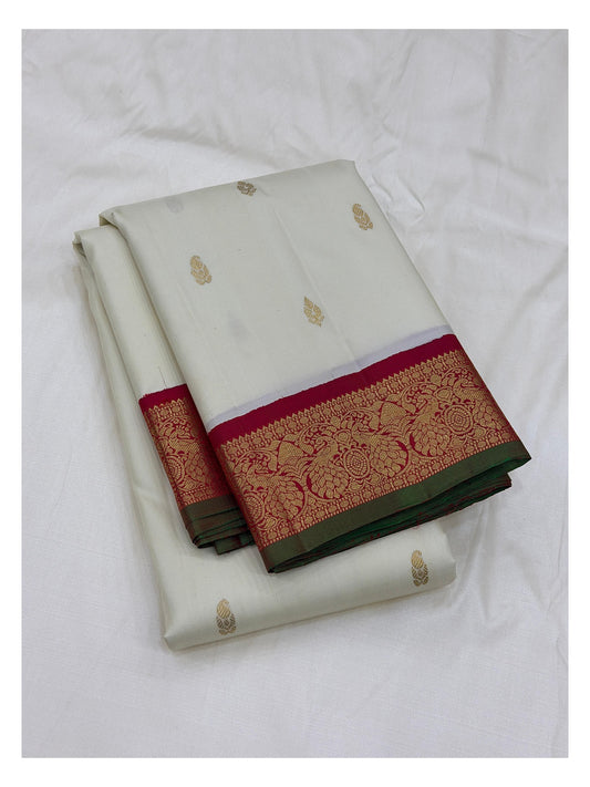 Handwoven Kanchipuram Silk Saree in Off-White with Gold Buttas and Magenta Contrast Pallu front view