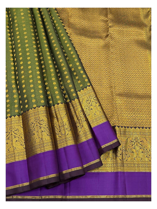 Handwoven Kanchipuram Silk Saree in Olive Green with Purple Contrast Border front view
