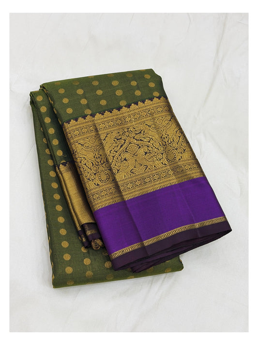 Handwoven Kanchipuram Silk Saree in Olive Green with Purple Contrast Border front view
