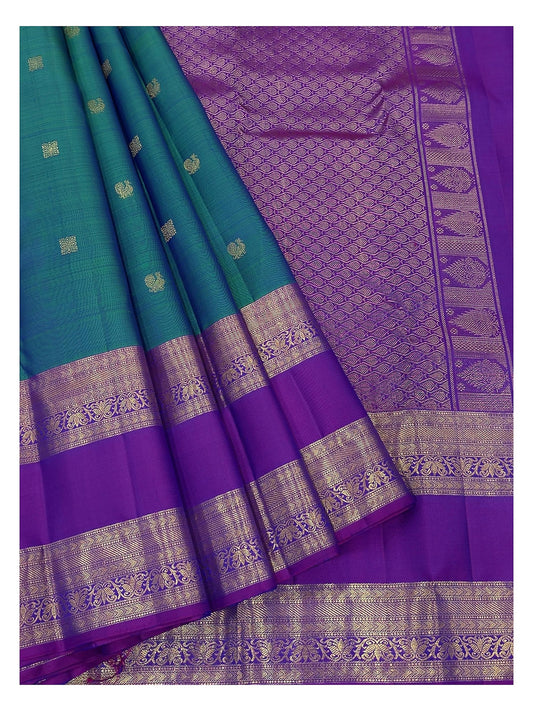 Handwoven Kanchipuram Silk Saree in Peacock Green with Royal Purple Zari Border