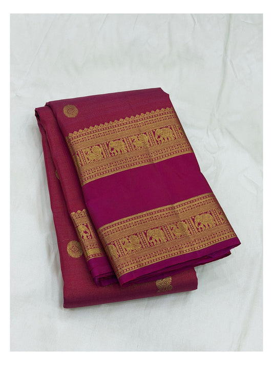 Handwoven Kanchipuram Silk Saree in Raspberry Pink with Gold-Toned Elephant Border front view