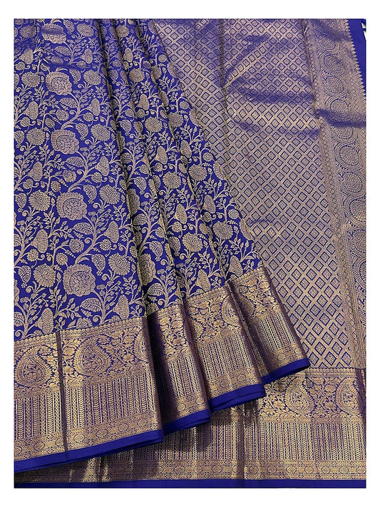 Handwoven Kanchipuram Silk Saree in Royal Blue with Gold-Toned Floral Weave