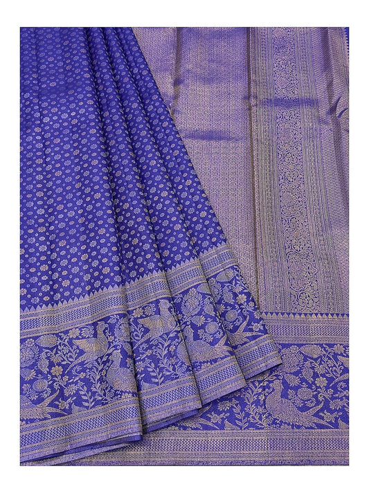 Handwoven Kanchipuram Silk Saree in Royal Blue with Peacock Border and woven pallu