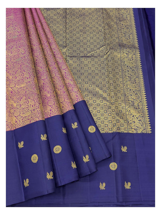 Handwoven Kanchipuram Silk Saree - Indigo Blue with Magenta-Gold Brocade Pallu and Zari Motifs