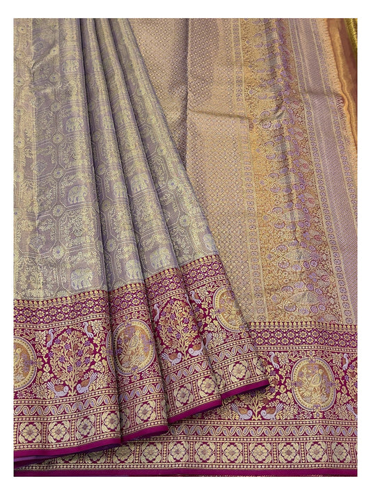 Handwoven Kanchipuram Silk Saree - Lilac with Magenta Zari Border
