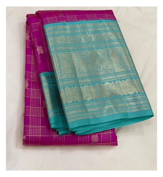 Handwoven Kanchipuram Silk Saree - Magenta and Aqua Blue front view