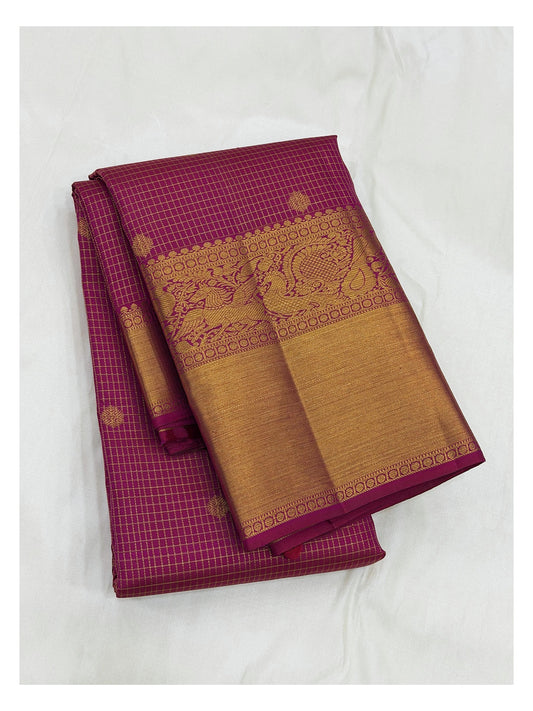 Handwoven Kanchipuram Silk Saree - Magenta with Gold Zari Checks and Peacock Border front view
