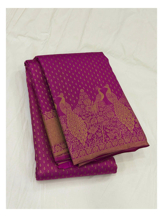 Handwoven Kanchipuram Silk Saree - Magenta with Peacock Border front view