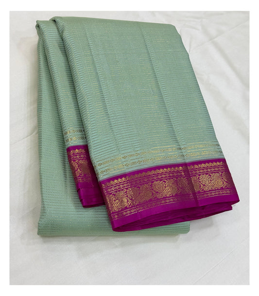 Handwoven Kanchipuram Silk Saree - Mint Green with Magenta Contrast Border front view