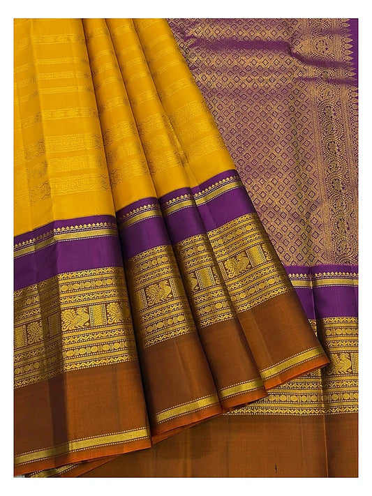 Handwoven Kanchipuram Silk Saree - Mustard with Purple Border and Rust Pallu