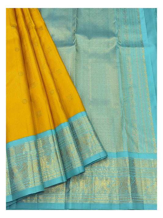 Handwoven Kanchipuram Silk Saree - Mustard Yellow with Aqua Blue Zari Border