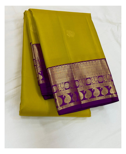 Handwoven Kanchipuram Silk Saree - Mustard Yellow with Magenta Peacock Border front view