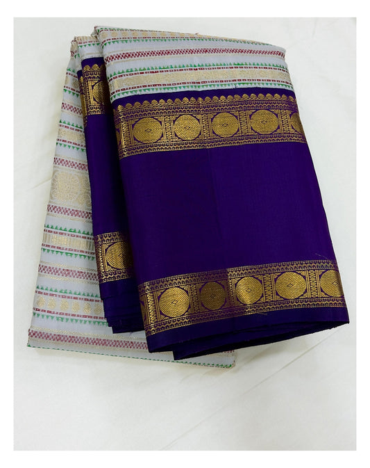 Handwoven Kanchipuram Silk Saree - Off White with Royal Purple Border front view
