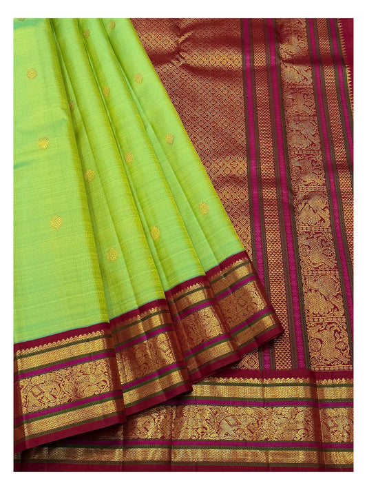 Handwoven Kanchipuram Silk Saree - Parrot Green with Maroon Elephant Border