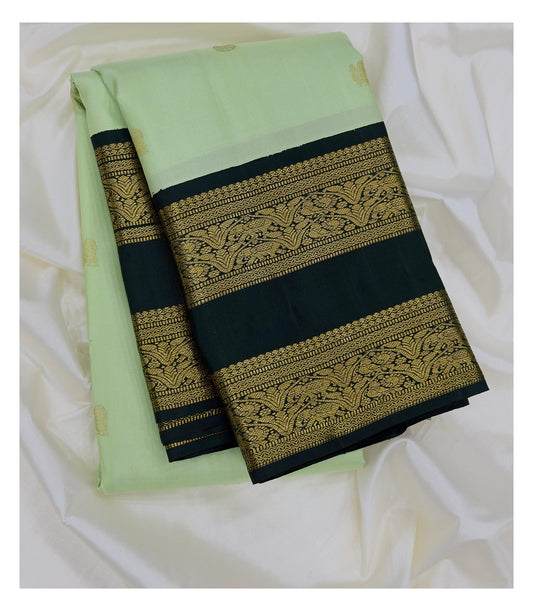 Handwoven Kanchipuram Silk Saree - Pista Green with Black Zari Border front view