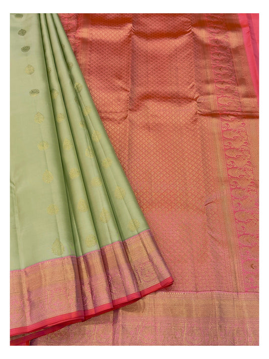 Handwoven Kanchipuram Silk Saree - Pista Green with Contrast Pink Border