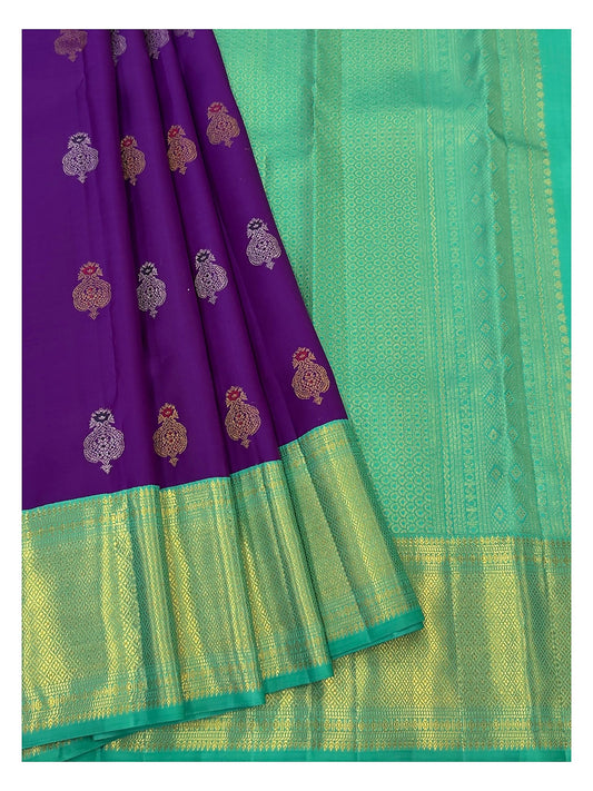 Handwoven Kanchipuram Silk Saree - Purple with Aqua Green Border