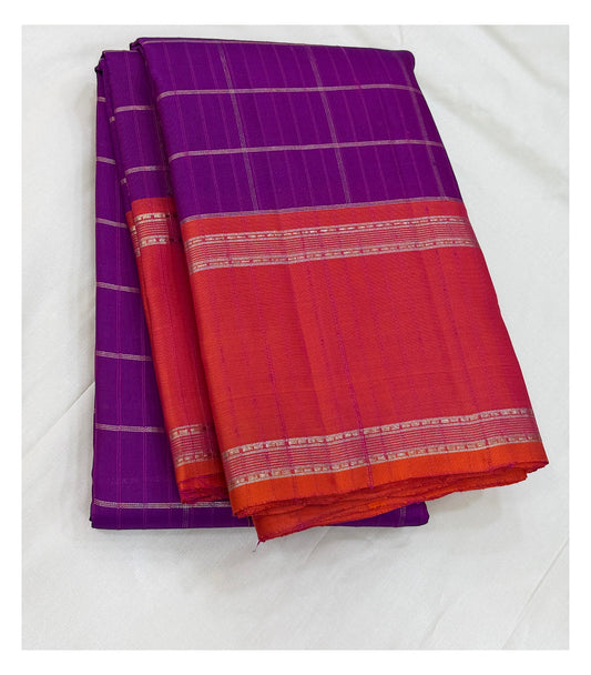Handwoven Kanchipuram Silk Saree - Purple with Orange Contrast Border front view