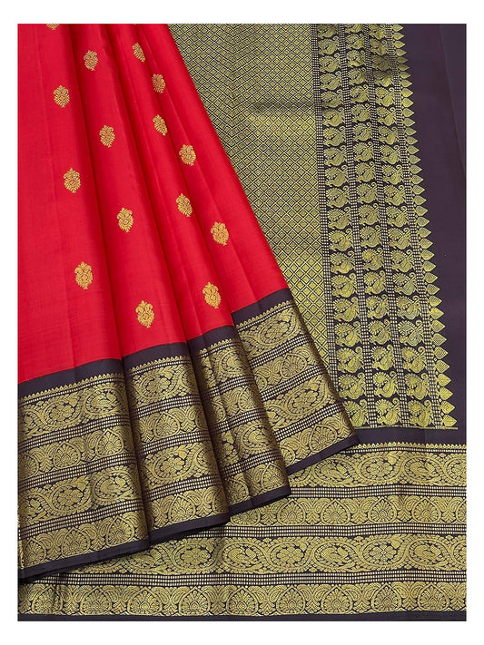 Handwoven Kanchipuram Silk Saree - Red with Black Contrast Border
