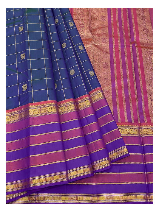 Handwoven Kanchipuram Silk Saree - Royal Blue Checks with Violet Border