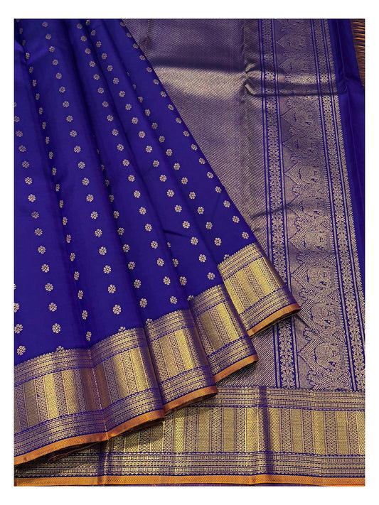 Handwoven Kanchipuram Silk Saree - Royal Blue with Gold Floral Buttas and Contrast Pallu front view