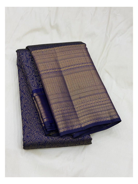 Handwoven Kanchipuram Silk Saree - Royal Blue with Gold Floral Vine Weave and Broad Zari Pallu front view