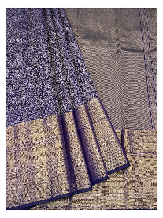 Handwoven Kanchipuram Silk Saree - Royal Blue with Gold Floral Vine Weave and Broad Zari Pallu