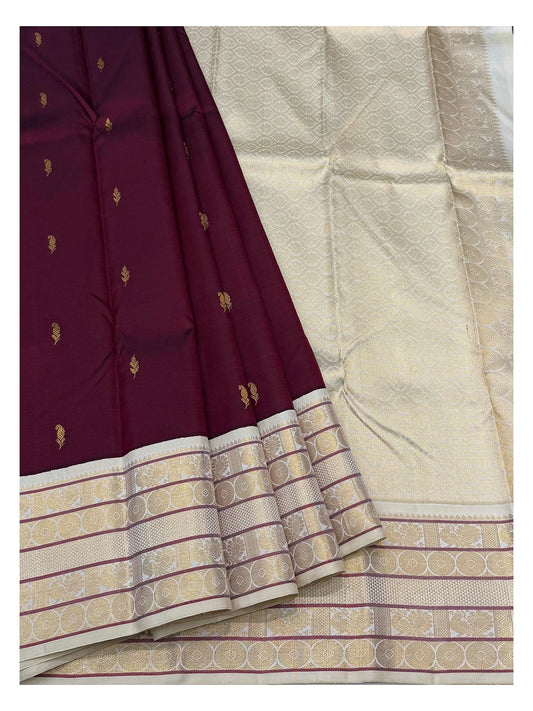 Handwoven Kanchipuram Silk Saree - Wine with Gold Woven Border and Self Pallu