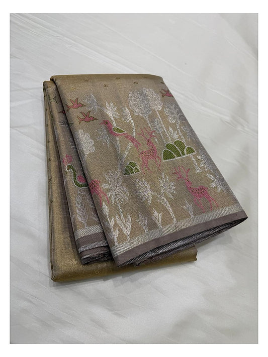 Handwoven Kanchipuram Silk Saree with Deer and Bird Motifs front view